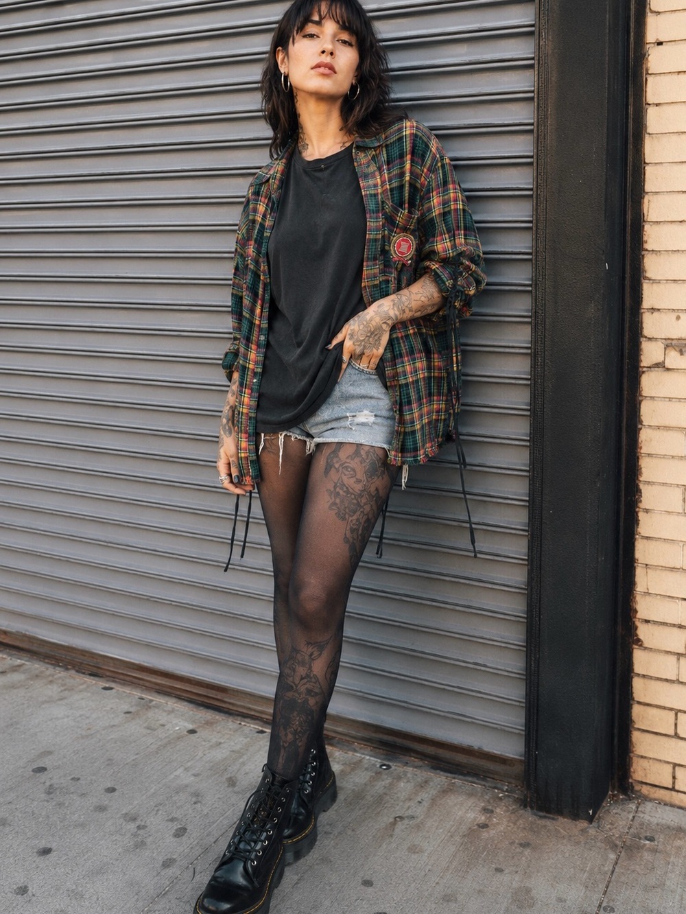 Savage x Fenty Plaid Button Down Top Lace Up Sleeves Frayed Hem grunge preppy